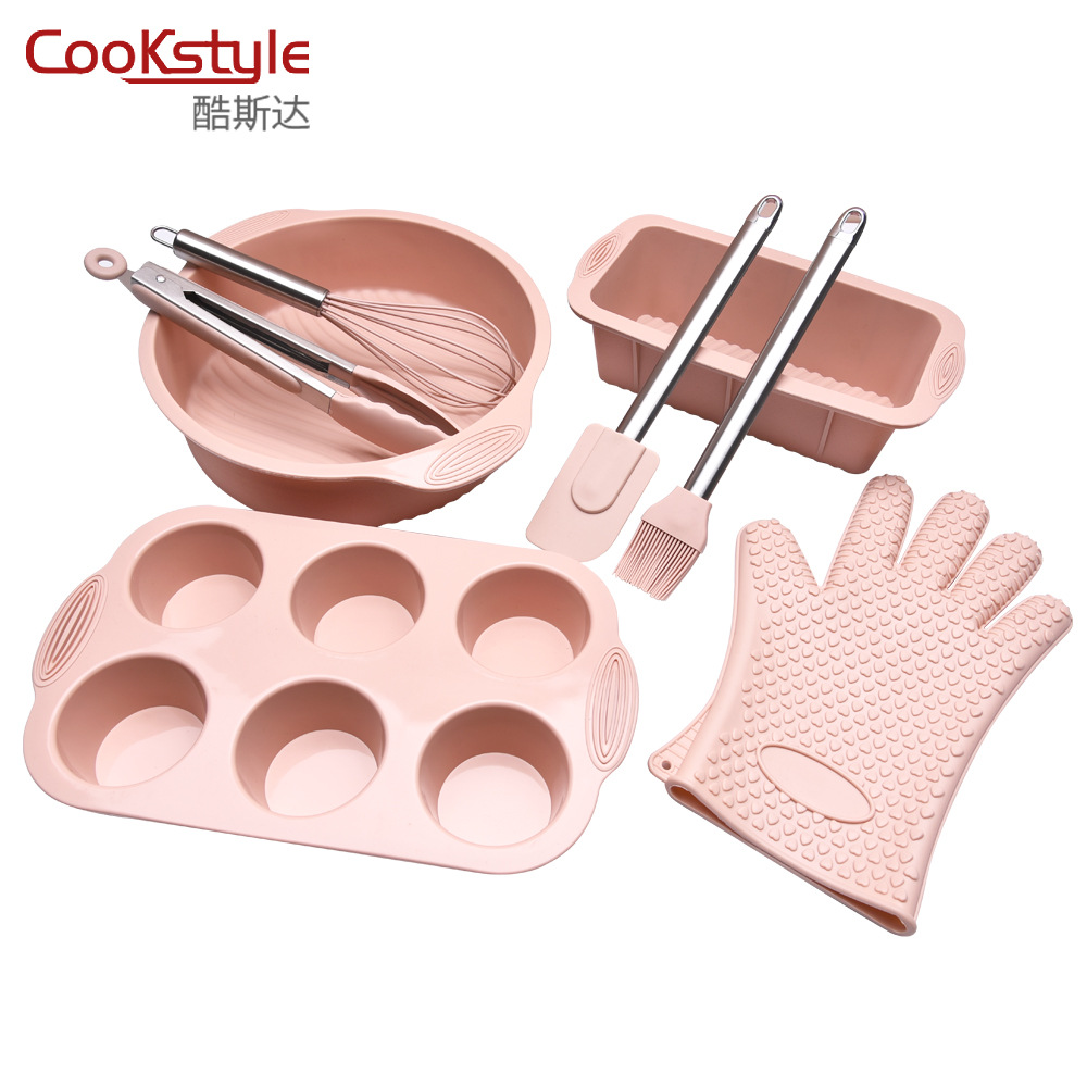 Juego de 8 moldes para pasteles, molde de silicona para tostadas, raspador, brocha para aceite, batidor de huevos, guantes resistentes al calor, juego para hornear en casa