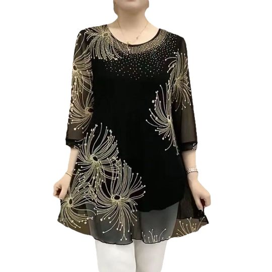 Mother's Summer Dress plus size Round Neck Loose Small Shirt High Elastic Mesh Print New Elegant Slim Look Long T-Shirt