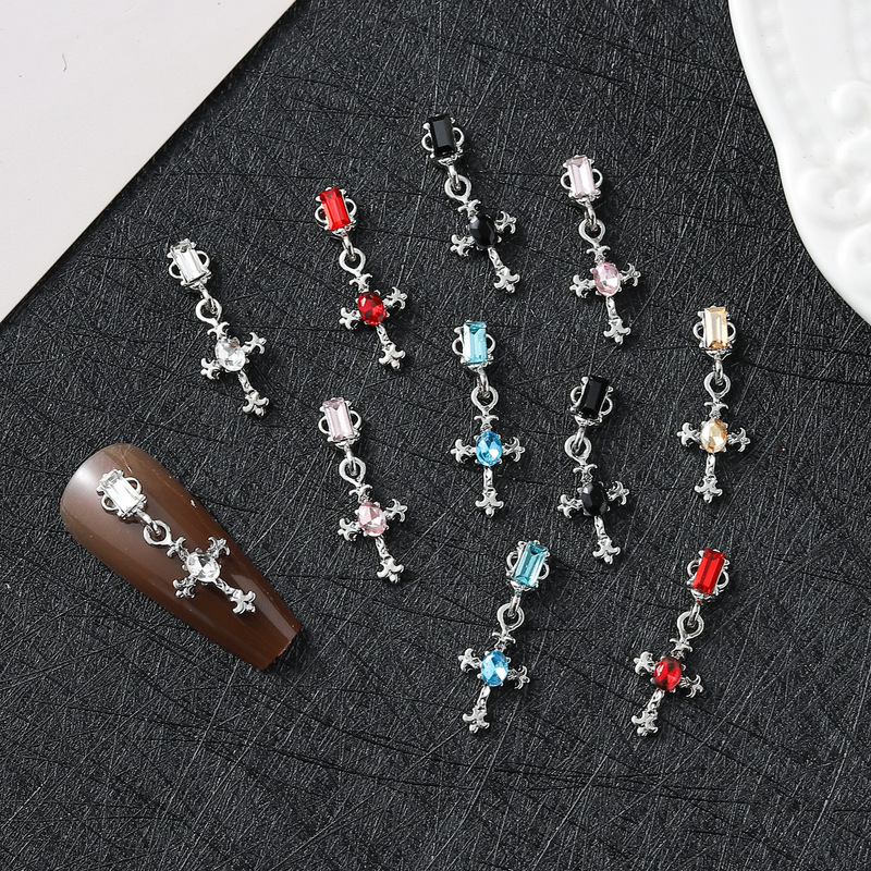 Cross-border crocheted nail alloy jewelry punk Hollow Cross diamond tassel pendant ear studs nail accessories