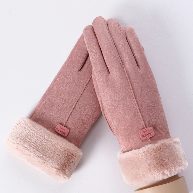 Women's Winter Warm Thickened Velvet Touch Screen Gloves Cycling Cute Korean Style Cotton Suede Gloves Foreign Trade