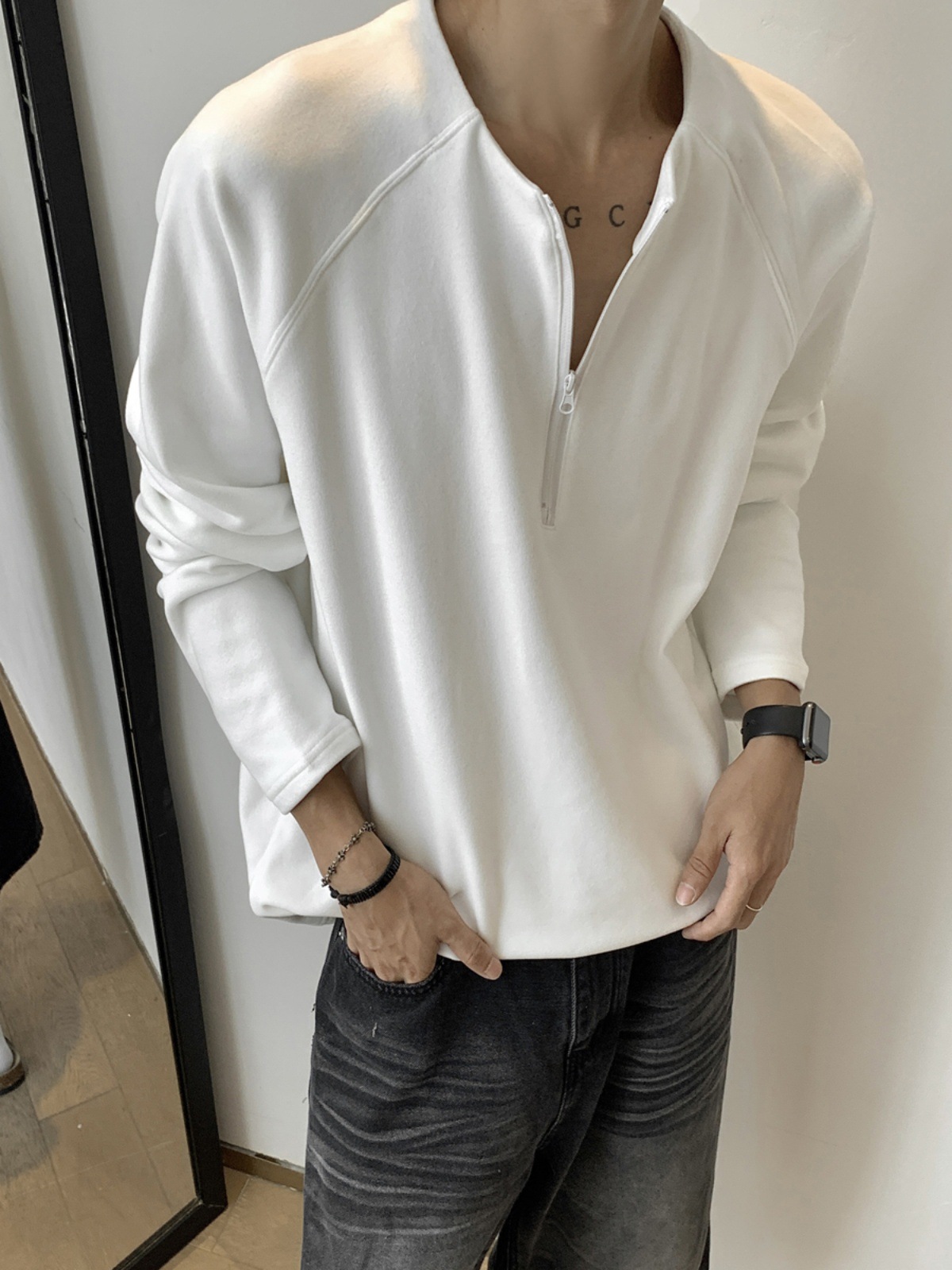 Cleanfitダークグレー長袖tシャツメンズ2024秋冬新作ヘンリー襟ゆるいインナーシャツ