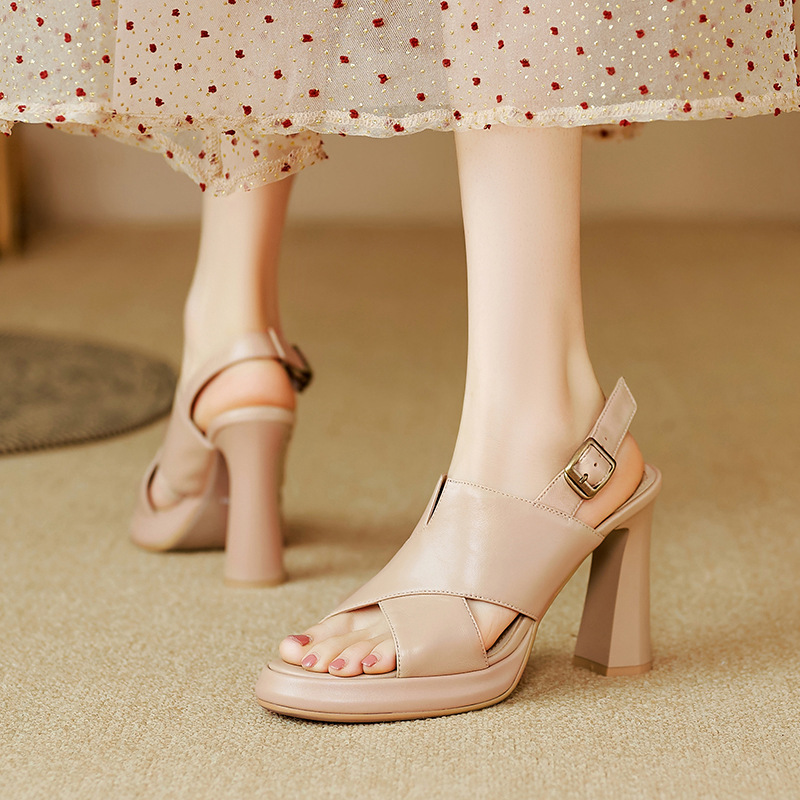 Sandal cao gót nữ quai ngang hở ngón da cừu cao cấp gót 10 cm — Màu đen