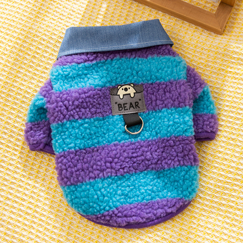 Camisas azules y púrpura de costura a rayas cuello de camisa de dos patas perros pequeños gatos otoño y invierno de dos patas de manga larga ropa de mascotas cálidas