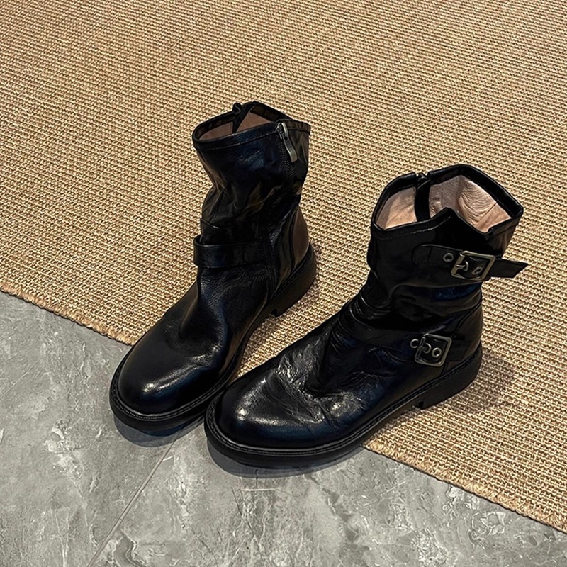 羊皮版~复古水洗百搭马丁靴女皮带扣侧拉链粗跟外穿西部靴子|undefined