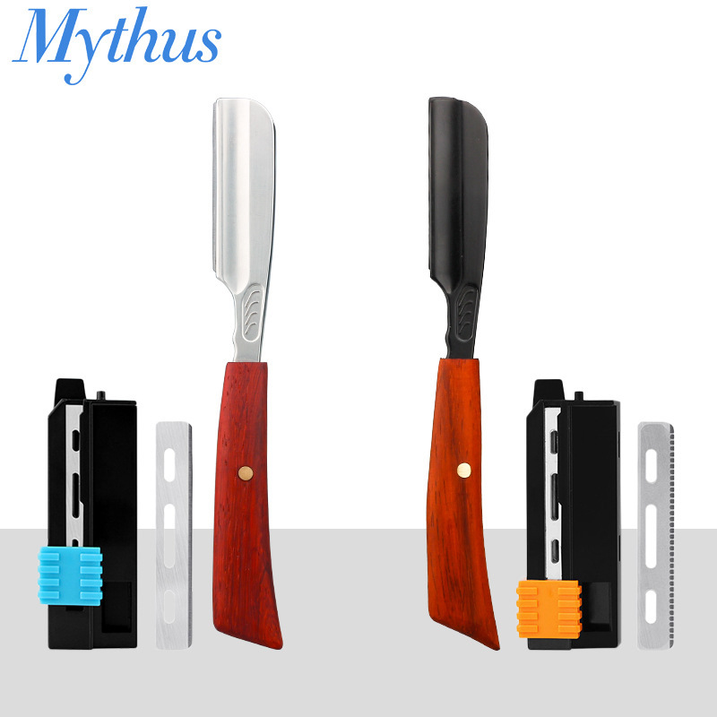 Barber Oil Head Men's Razor Holder Mahogany Straight Handle Manual Shaving Razor Holder Stainless Steel Feather Blade