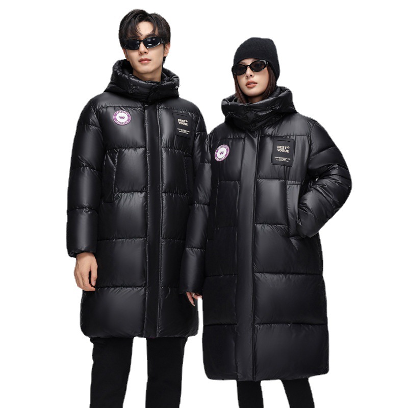 2025 ropa de algodón oro púrpura larga chaqueta de algodón para hombres y mujeres sobre la rodilla protector de comercio con gorras gruesas de pluma de oro negro image 5