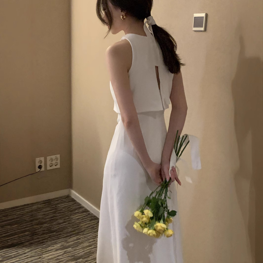 Light Wedding Dress Satin Simple Niche High-End Backless White Engagement Certificate Banquet Elegant Evening Dress Korean Style