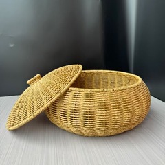 跨境藤编茶叶带盖罐桌面茶叶罐鸡蛋筐零食水果首饰化妆品收纳筐圆