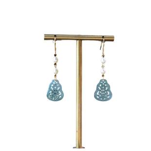 Amazon Aliexpress Supply New Chinese Style Women's 925 Silver Natural Jade Earrings Blue Water Material Cut Out Gourd Earrings