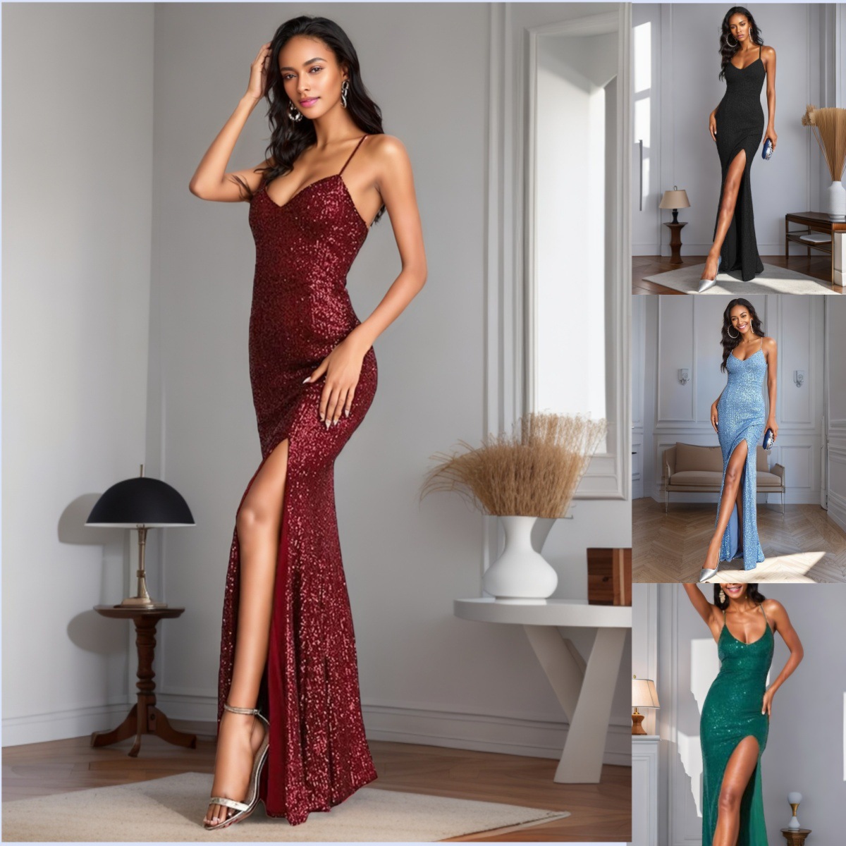 Cross-Border New European and American Amazon Party Nightclub Evening Dress Slit Sequin Suspender Dress (4 Colors)