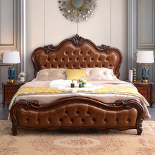 欧式实木床主卧双人床美式真皮软包靠背大床别墅深色1.8米高箱床