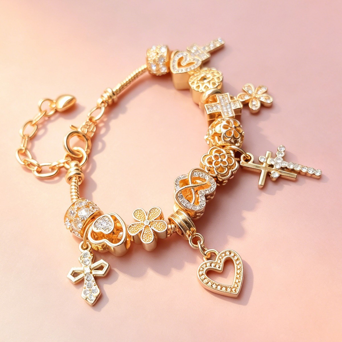 Brazalete de diamante de Panjia doble cruz transfronteriza explosión de mano pesada brazalete de flores huecas colgante de corazón joyas personales image 3