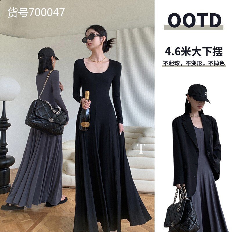 Modal Dress for Spring and Summer, Black, Simple, Stylish, Versatile, Korean Style, with a Large Hem, Floor-Length, Waist-Cinching, Long Sleeves, and a Fitted Waist