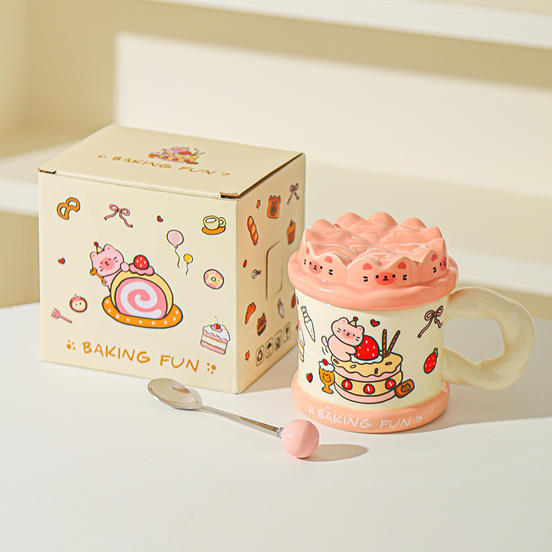 Tarta de cumpleaños pintada a mano, taza de gato, taza de cerámica de alta calidad con cubierta, taza de agua para niñas, taza de cerámica para parejas