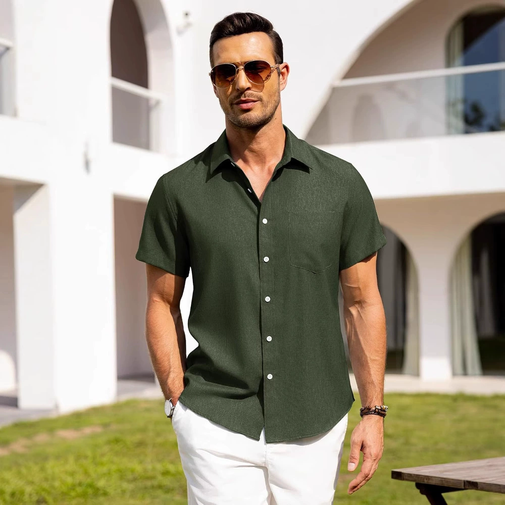 Рубашка мужская льняная от Alimens & Gentle с коротким рукавом, button-down, без складок, для отдыха на пляже летом
