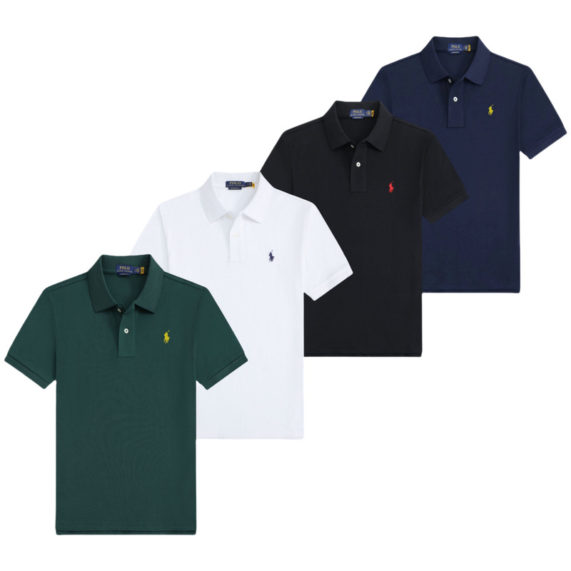 Cross-Border Men's Polo Shirt, Solid Color Business Style with Embroidered Ralph Lauren Logo, Short-Sleeve Casual Polo Shirt with Embroidered Pony Logo