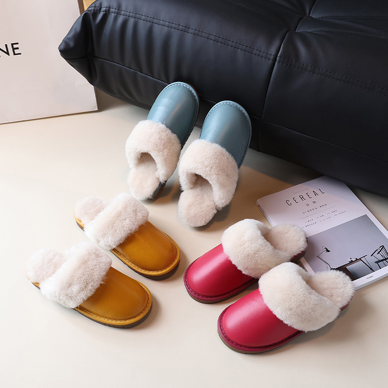 The first layer of cowhide solid color home plush leather cotton slippers home indoor warm imitation rabbit fur plush slippers wholesale The first layer of cowhide solid color home plush leather cotton slippers home indoor warm imitation rabbit fur plush slippers wholesale