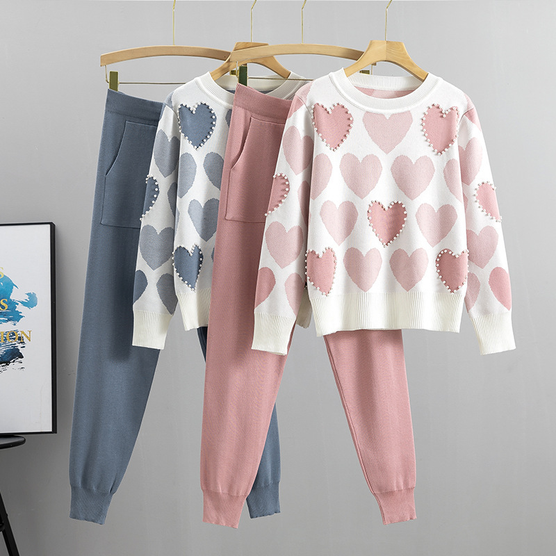 Cross-Border Girl's Heart-Shaped Beaded European-Style Outfit Set for Women, Autumn and Winter, Stylish and Fresh Korean College Style Two-Piece Set Cross-Border Girl's Heart-Shaped Beaded European-Style Outfit Set for Women, Autumn and Winter, Stylish and Fresh Korean College Style Two-Piece Set