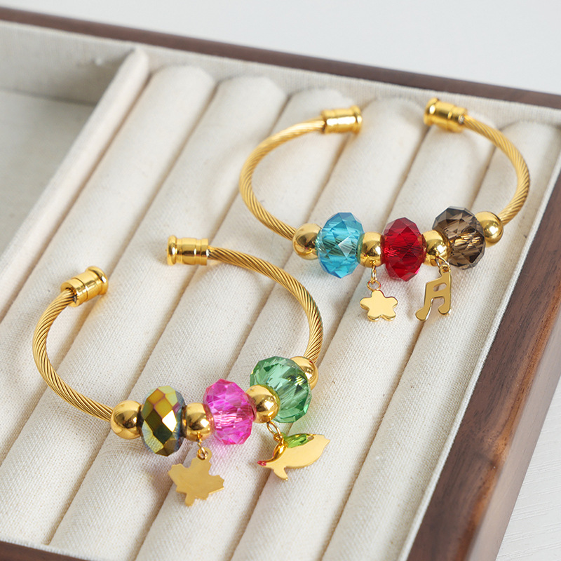 Francés retro colorido corte cristal pulsera abierta titanio acero 18K oro nicho diseño no se desvanece pulsera dulce chica
