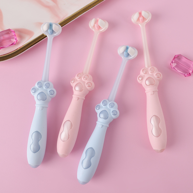 Cepillo de dientes de lana suave de dibujos animados de tres lados, garras de gato, cepillo de dientes para niños, niños y niñas lindos, limpieza bucal del bebé, protección de las encías, paquete individual