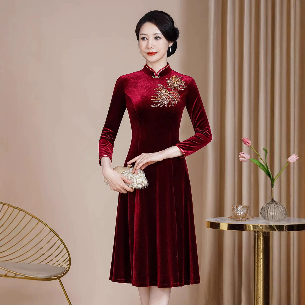 Осеннее и зимнее ретро корейский бархат чонсам модный средний и длинный рукав большая юбка для маятниковой молодой мамы платье