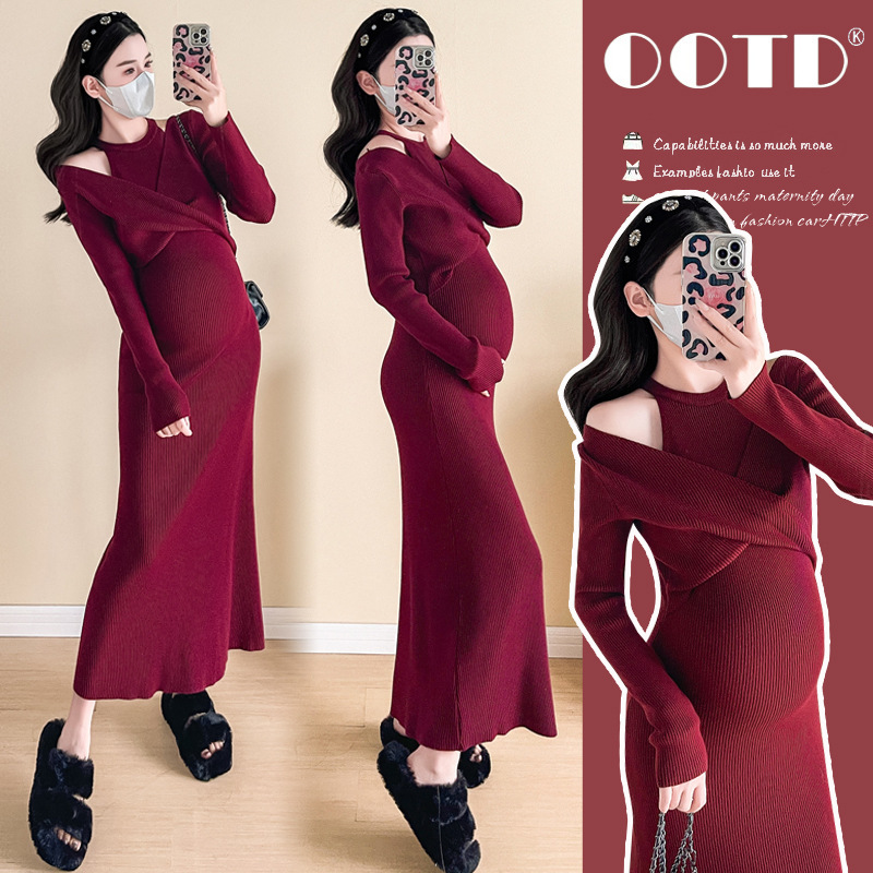 2025 Autumn/Winter New Christmas and New Year Red Design Thickened Maternity Dress Long Skirt Red