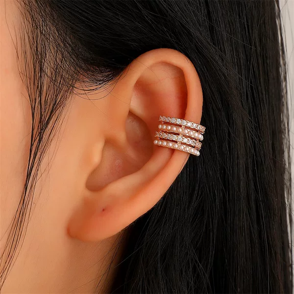 European and American Fashion Micro-Paved Zircon C-Shaped Ear Bone Clip Without Piercing Accessible Luxury Design Multi-Layered Pearl Ear Clip Single French Style