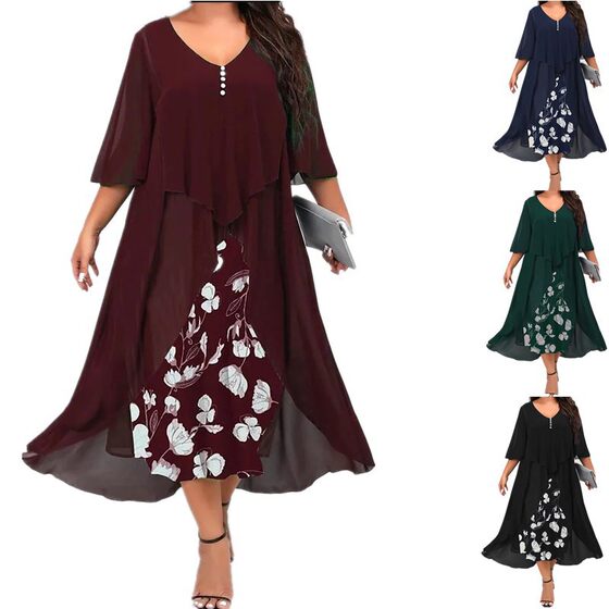 2023 cross-border new independent station plus size women's chiffon stitching fake two irregular middle sleeve dress Q228