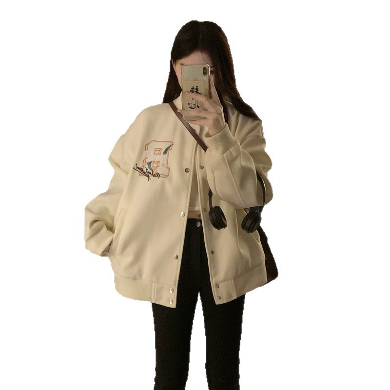 2025秋冬新款美式复古刺绣棒球服外套女宽松小众设计休闲立领夹克|undefined