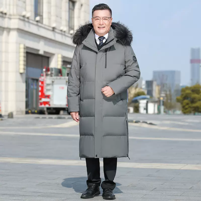 冬季超长款羽绒服男爸爸爷爷年大码加长加厚过膝连帽鹅绒服大衣外