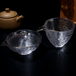 简约横纹玻璃茶具茶杯耐热描金盖碗公道杯品茶杯功夫茶具现货批发