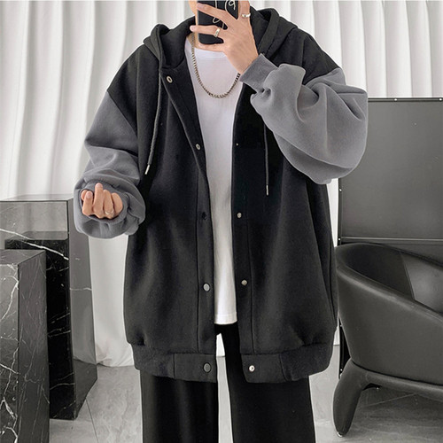 Hong Kong-style casual cardigan outer, men's autumn and winter plus velvet thick Korean trend splicing loose hooded hooded hoodie lovers 'wear