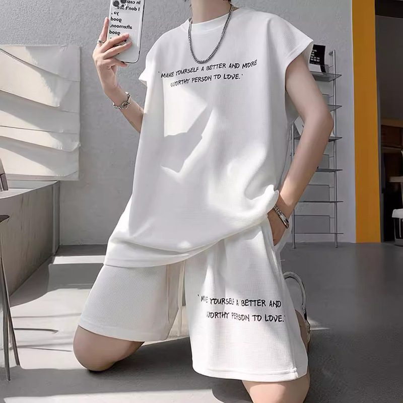 Summer Ice Silk suit Men's Sleeveless T-Shirt Vest Fashion Brand plus size Casual Sports Quick-drying Five-point Pants Two-piece Set