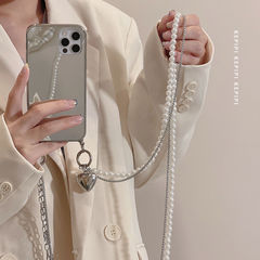 珍珠鏈條新款適用蘋果14的手機殼15鏡面iphone12pro可斜挎promax