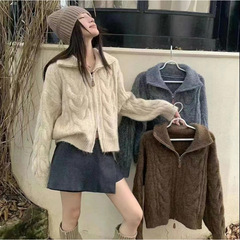 复古慵懒风氛围感双拉链开衫女秋季宽松显瘦长袖短款上衣