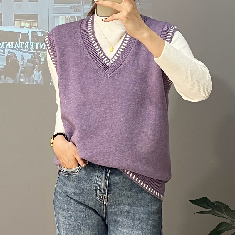 Chaleco de Otoño e Invierno para mujer 2023 nuevo suéter suelto con cuello en V con camisa negra dentro del suéter