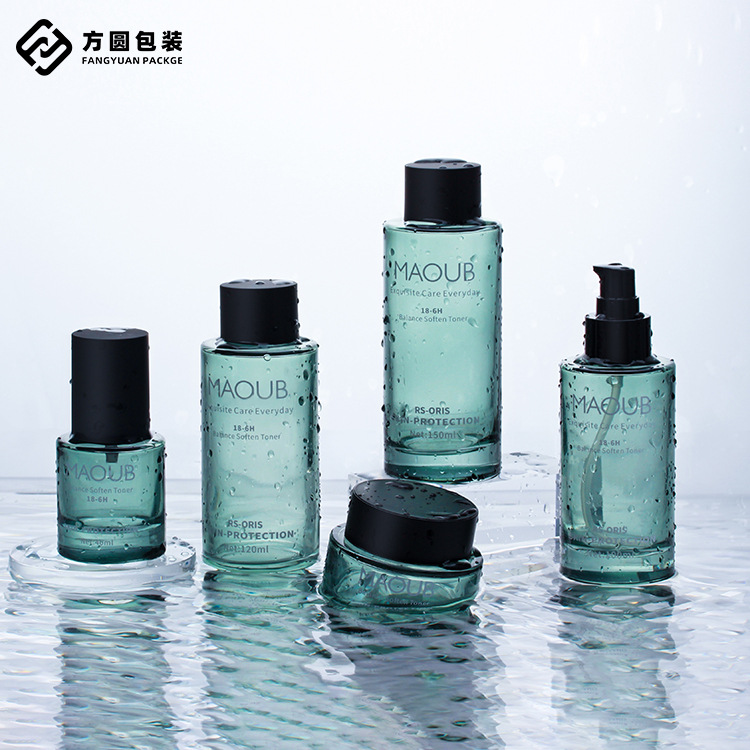 新款现货绿色现货可印刷喷雾瓶厚底玻璃化妆品瓶子膏霜压泵乳液瓶