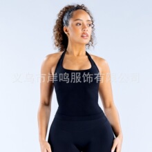 欧美方领挂脖长背心三层带胸垫高弹美背紧身长背心无缝健身背心