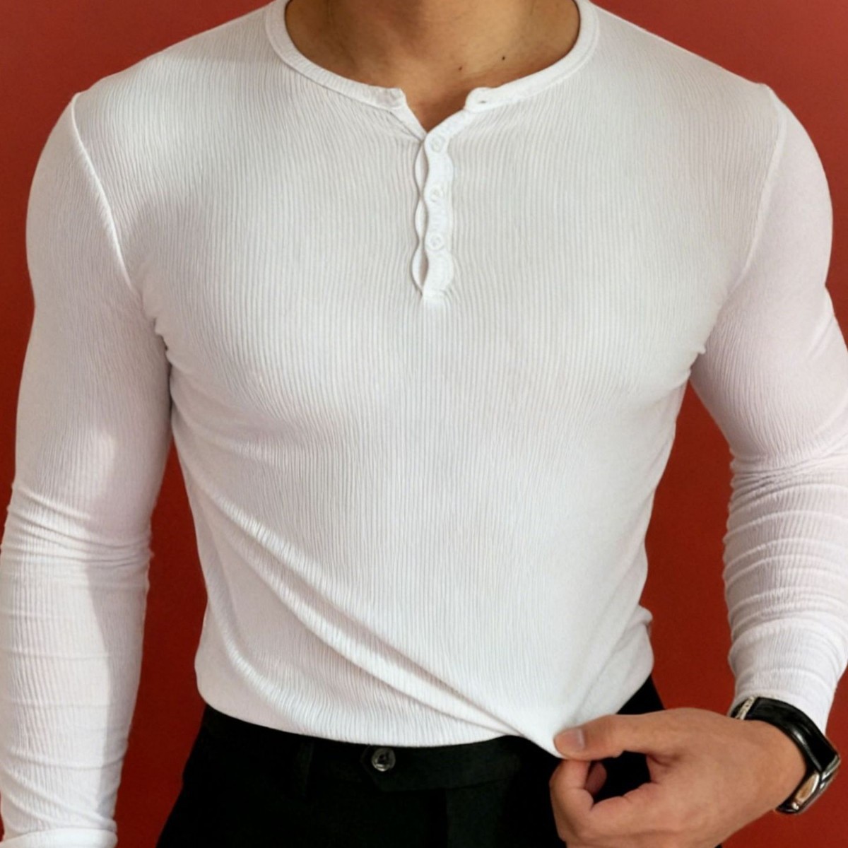 2025 New Cross-Border Men's Clothing Spring and Autumn Long-Sleeve Men's T-Shirt Base Shirt Amazon Slim Fit Button V-Neck Thin Henley