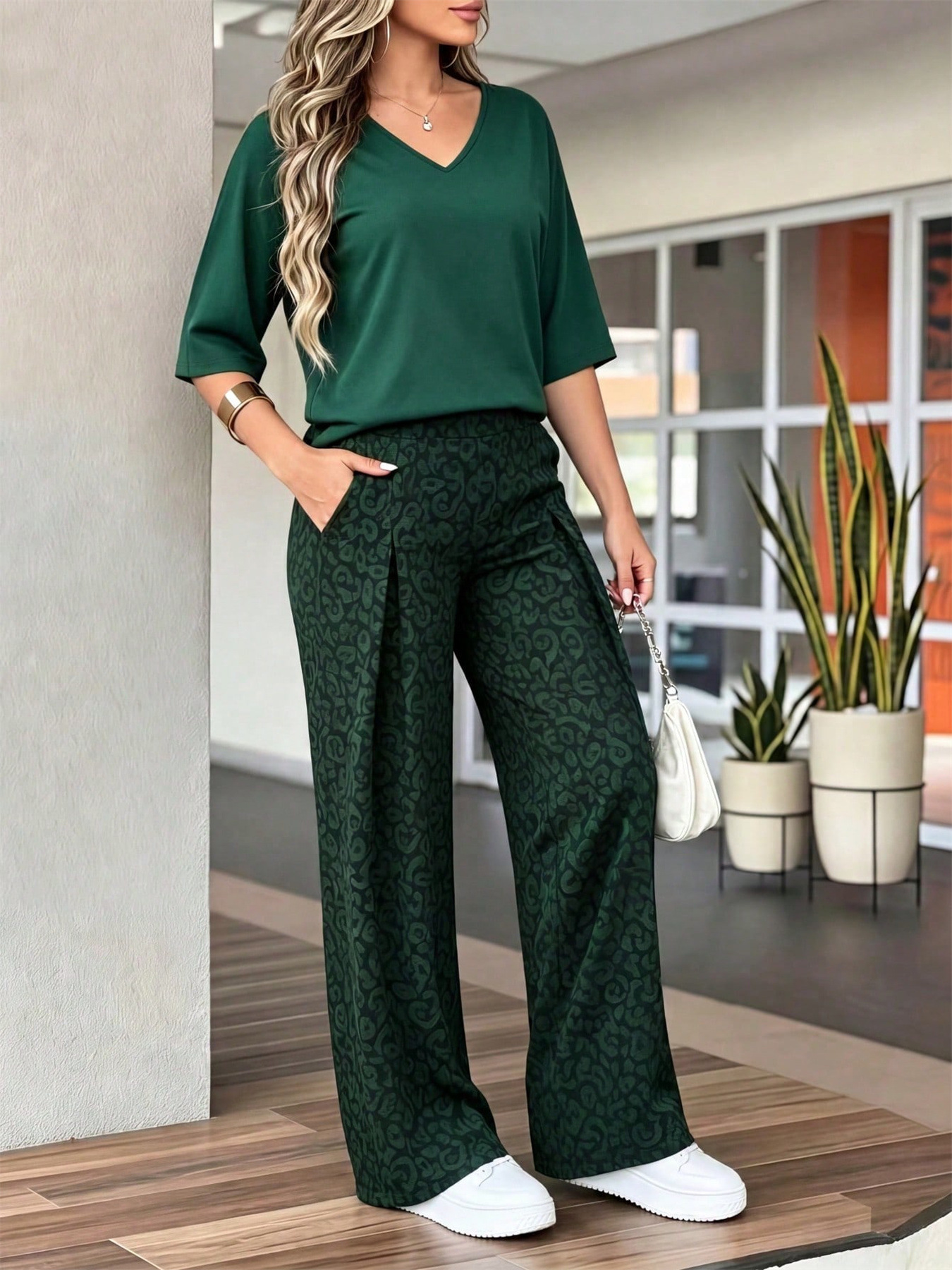 Women's Breathable V-Neck Top And Loose Fit Tropical Print Pants Set Comfortable Knit Two-Piece Outfit for Spring Summer_ecoleips.com