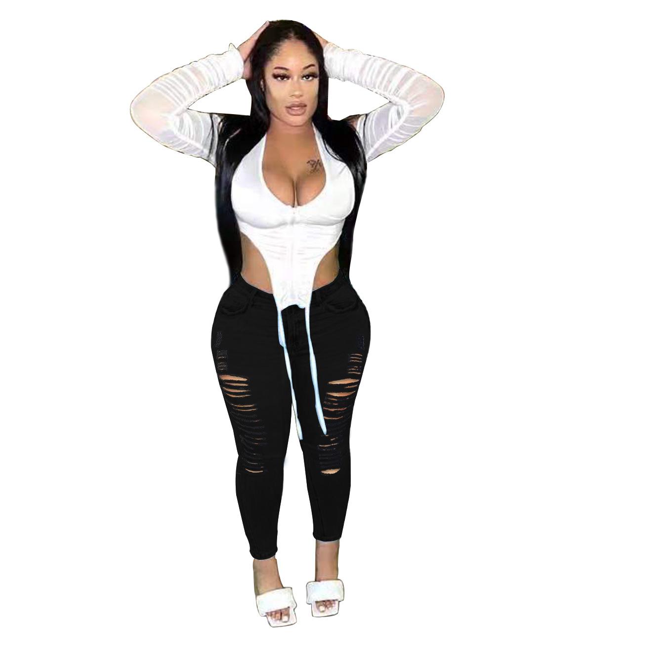 Plus Size Ripped Torn Slim Jeans NSWL105425
