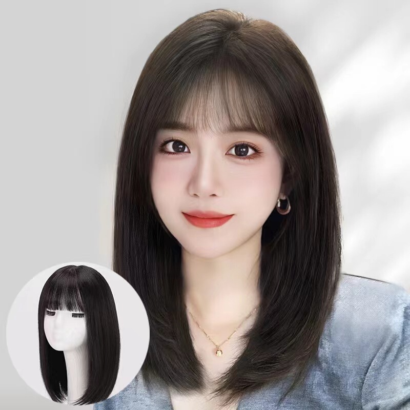 Xuchang Wig Full Head Set for Women, Medium-Long Hair with Air Bangs, Bob Cut, Collarbone-Length Hair, Full Real Hair Xuchang Wig