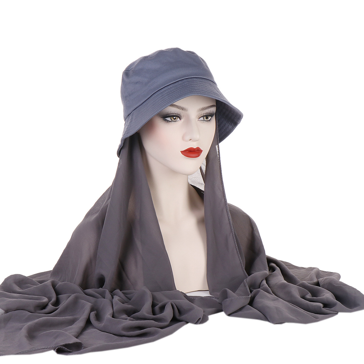 solid color chiffon plus fisherman hat long scarf pearl chiffon all-in-one scarf 2-piece set for drop shipping_voghion.com