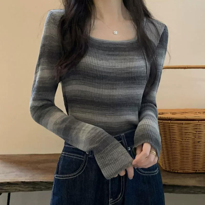 Женская Базовая рубашка в полоску с глубоким вырезом и длинным рукавом, короткая Базовая рубашка с квадратным вырезом для ранней осени, Sweet Spicy Slim