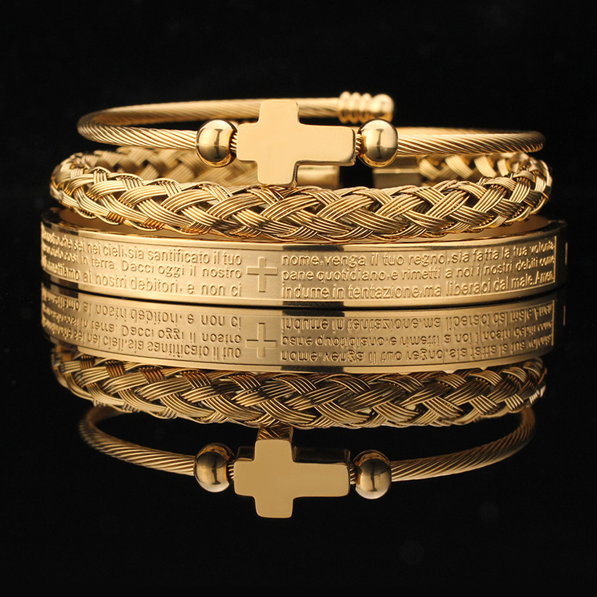 European and American Hot-Selling Men's Stainless Steel Roman Numeral Wire Twist Open Cross English Bracelet Men's Set