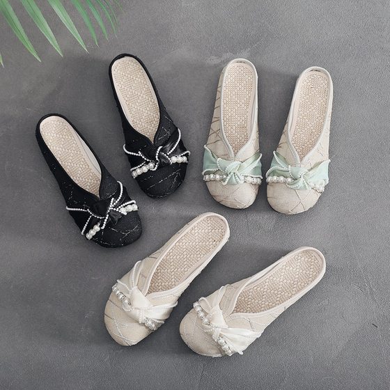 2023 Summer slippers women's old Beijing cloth shoes ethnic style linen flat Women's outer wear closed toe fairy style half slippers women
