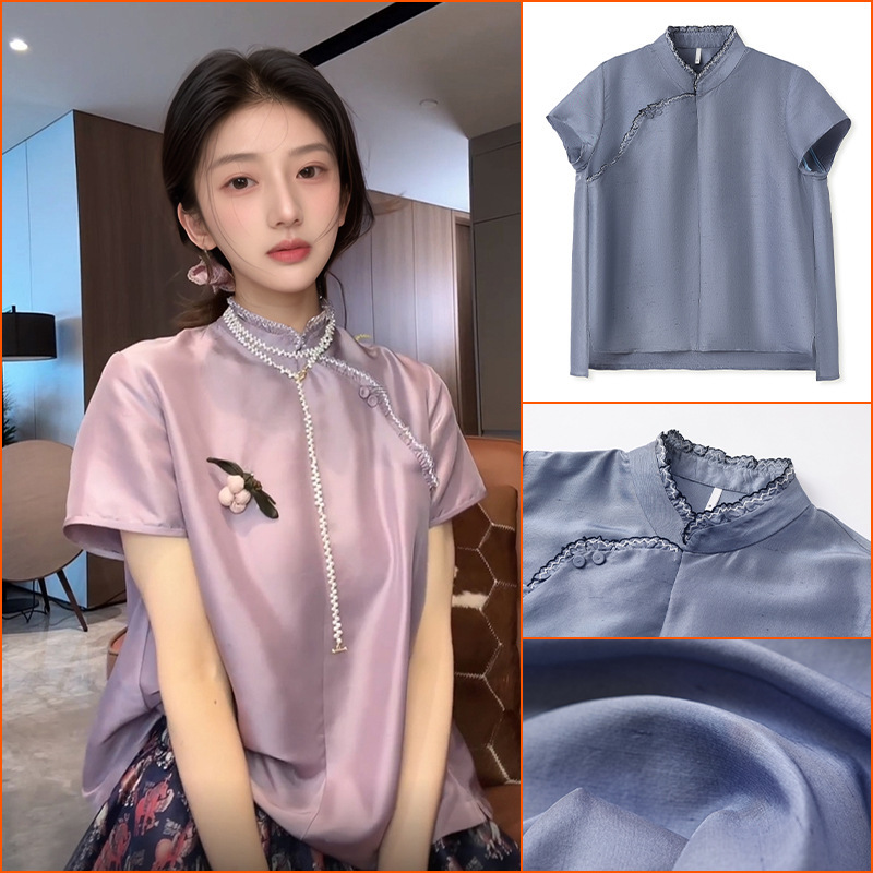 New Chinese-Style National Style Mulberry Silk Shirt for Women, Summer New Model, Unique Diagonal Collar Buttoned Lace Top Zx Model N4002