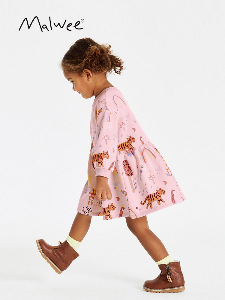 Malwee vestido de niñas nuevo otoño europeo y americano niño de cuello redondo de mangas largas vestido de niña