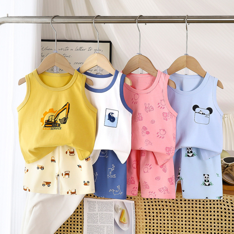 Children's Vest Set Pure Cotton Summer Thin Style Boys' Sleeveless Shorts Baby Clothes Girls' Clothing Wholesale Children's Clothing