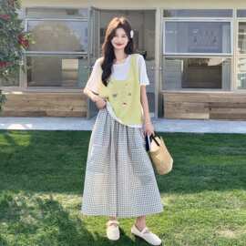 巨好看刺绣假两件T恤格子阔腿裤两件套女2026夏季艺术生明媚穿搭